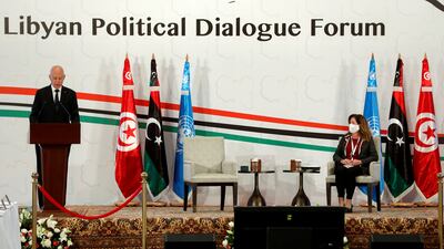 Tunisia's President Kais Saied speaks at meeting of the Libyan Political Dialogue Forum in Tunis, Tunisia on November 9, 2020. Reuters