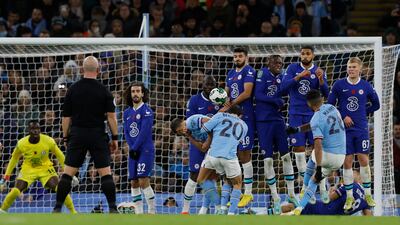 City's Riyad Mahrez scores the first goal from a free-kick. Action Images