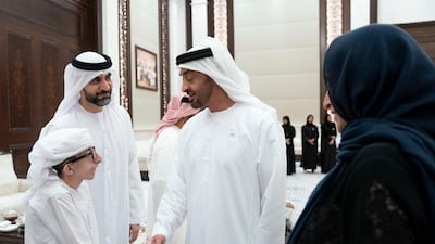 Sheikh Mohamed bin Zayed receives members of Adheedak group during an iftar reception at Al Bateen Palace. Eissa Al Hammadi for the Ministry of Presidential Affairs