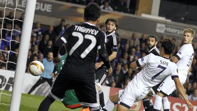 Tottenham Hotspur's South Korean striker Son Heung-min scores the opening goal in Spurs' 3-1 win over Qarabag in the Europa League on Thursday night. Ian Kington / AFP