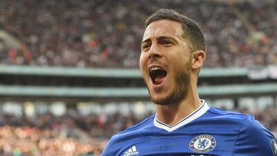 Chelsea's Eden Hazard celebrates scoring his side's third goal to take a 3-2 lead over Tottenham during their FA Cup semi-final at Wembley Stadium in London on April 22. 2017. Chelsea won 4-2. Facundo Arrizabalaga / EPA