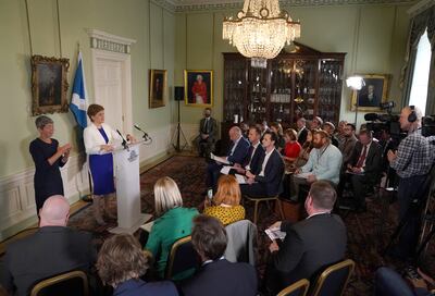 Scottish First Minister Nicola Sturgeon speaks at a news conference in Edinburgh in July. PA Wire