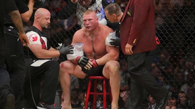 Brock Lesnar shown during his fight at UFC 200 against Mark Hunt. Rey Del Rio / Getty Images / AFP / July 9, 2016