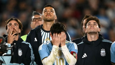 Argentina captain Lionel Messi cries in a tribute after playing his final game for the country at Monumental stadium in Buenos Aires on October 6, 2026. AFP