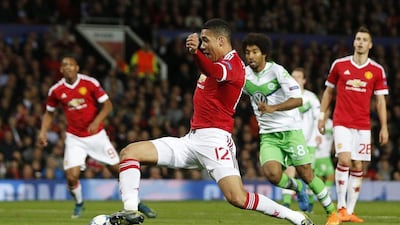 Chris Smalling of Manchester United goes to play a shot that scores the second, winning goal against Wolfsburg on Wednesday night in the Champions League. Lee Smith / Action Images / Reuters