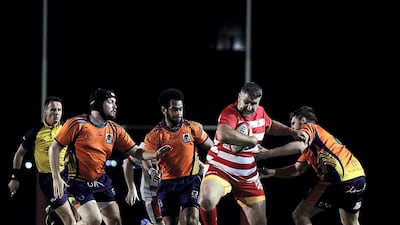 RAK Rugby and Arabian Knights in action during the Nick Young Memorial match. Satish Kumar for The National