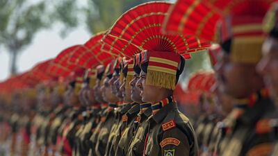 New recruits to the Indian Border Security Force take part in a passing-out parade in Humhama on the outskirts of Srinagar. AFP