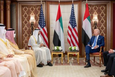 Sheikh Mohamed bin Zayed Al Nahyan, President of the United Arab Emirates (2nd R) meets with Joe Biden, President of the United States (R), during the Jeddah Security and Development Summit. Photo by Abdulla Al Neyadi for the Abu Dhabi Presidential Court