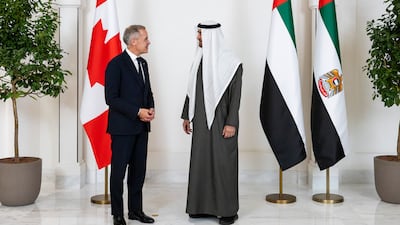 UAE President Sheikh Mohamed with Canadian Prime Minister Mark Carney and Sheikh Abdullah bin Zayed, UAE Deputy Prime Minister and Minister of Foreign Affairs, at Al Shati Palace. Photo: UAE Presidential Court