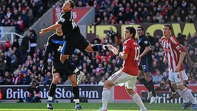 Manchester United’s Javier Hernandez uses his initiative to open the scoring against Stoke City at Britannia Stadium. The Mexican grabbed his fifth goal for United later in the game to secure the win.