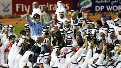 William Buick celebrates after winning the Dubai World Cup with Prince Bishop. Ahmed Jadallah / Reuters