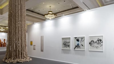 Installation views for Gallery Isabelle Van Den Eynde's booth at Art Dubai 2017. Hassan Sharif's Cotton Rope can be seen hanging from the ceiling. Courtesy of Gallery Isabelle Van Den Eynde