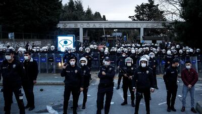 Turkish riot police block the main gate. Reuters