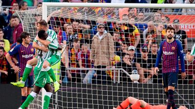 Real Betis players, in green and white, had plenty to celebrate in their shock 4-3 win over Barcelona. AFP