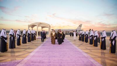 Mohammed bin Salman, Crown Prince of Saudi Arabia, welcomes Sayyid Fahad bin Mahmoud Al Said, Oman's Deputy Prime Minister. SPA