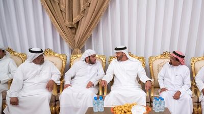 Sheikh Mohamed bin Zayed offers condolences to the family of martyr Warrant Officer Saleh Hassan Saleh bin Amro. Hamad Al Kaabi / Ministry of Presidential Affairs