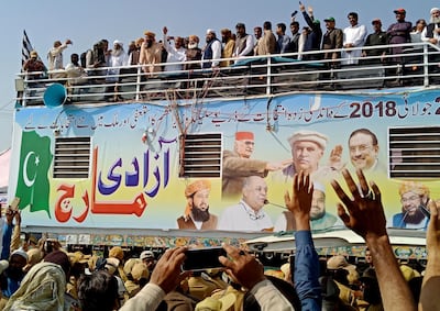 Pakistani opposition leaders address their supporters in Sukkur on October 28, 2019 as they rally thousands of people for a march on the capital. AP Photo
