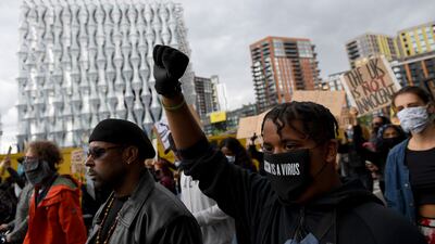 Black Lives Matter protesters outside the US embassy in Vauxhall, London, in 2020. Getty Images