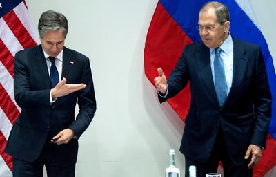US Secretary of State Antony Blinken and Russian Foreign Minister Sergey Lavrov in their first meeting in Iceland. Reuters