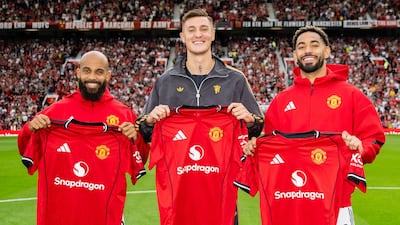 Manchester United summer signings Bryan Mbeumo, Benjamin Sesko and Matheus Cunha are introduced to fans ahead of the pre-season friendly against Fiorentina at Old Trafford. Photo: Manchester United FC