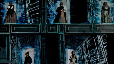 Malin Bystrom as Donna Anna, Antonio Poli as Don Ottavio, Veronique Gens as Donna Elvira, Alex Esposito as Leporello, Elizabeth Watts as Zerlina and Dawid Kimberg as Masetto in the Royal Opera's production of Wolfgang Amadeus Mozart's Don Giovanni directed by Kasper Holten and conducted by Nicola Luisotti at the Royal Opera House Covent Garden in London. Robbie Jack / Corbis via Getty Images