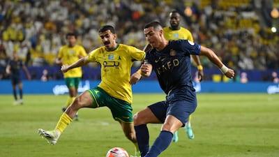Cristiano Ronaldo of Al Nassr shoots during the Saudi Pro League match against Al Khaleej at Mrsool Park in Riyadh, Saudi Arabia. Getty Images
