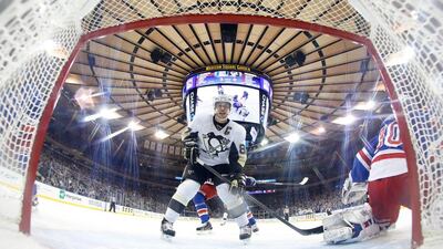 Pittsburgh Penguins’ Sidney Crosby is on pace to score 86 points, which would be 18 fewer than the 104 points he scored last year to lead the league. Jared Silber / Getty Images