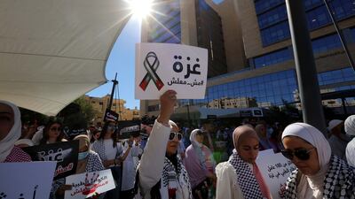 Jordanian medical personnel at a pro-Gaza demonstration in Amman last week. EPA