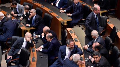 Lebanese MPs speak to each other prior to the start of a parliament session to elect a new Lebanese president, in Beirut, Lebanon, on November 10. EPA