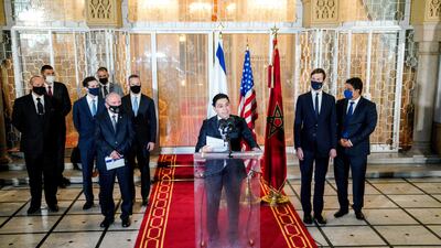 Moroccan Foreign Minister Nasser Bourita speaks during a visit by Israeli envoys to Rabat, Morocco. REUTERS