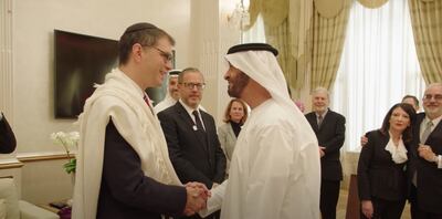 President Sheikh Mohamed, then Crown Prince of Abu Dhabi and Deputy Supreme Commander of the Armed Forces, meets members of the Jewish community in the UAE in 2019. Photo: Amen the Film