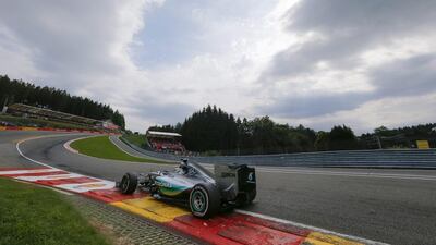 Formula One driver Lewis Hamilton of Mercedes races on Sunday during the Belgian Grand Prix. Valdrin Xhemaj / EPA