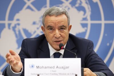Mohamed Auajjar, Chairperson of the Independent Fact-Finding Mission on Libya, presents the first report of the Independent Fact-Finding Mission on Libya, during a press conference, at the European headquarters of the United Nations in Geneva, Switzerland, 04 October 2021. EPA
