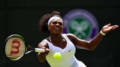 Serena Williams of the United States hits a forehand in her first round match against Margarita Gasparyan of Russia during Day 1 of Wimbledon at the All England Club on June 29, 2015 in London, England. (Photo by Shaun Botterill/Getty Images)