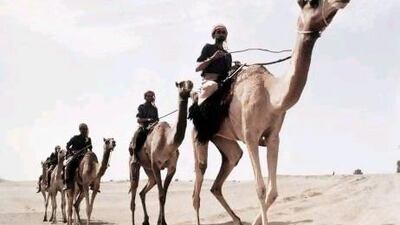 British Trucial Oman scouts based at Fort Jahli near Abu Dhabi carrying out a traditional camel patrol in February 1972.