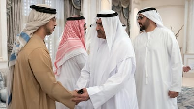 Sheikh Hamad bin Mohammed Al Sharqi, Ruler of Fujairah and Sheikh Rashid bin Saud Al Mu'alla, Crown Prince of Umm Al Quwain, offer condolences to Sheikh Mansour bin Zayed, Deputy Prime Minister and Minister of Presidential Affairs. Omar Al Askar for Crown Prince Court - Abu Dhabi