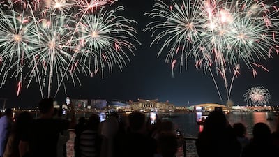 Fireworks light up Yas Bay, Abu Dhabi, celebrating the 53rd Eid Al Etihad. Chris Whiteoak / The National