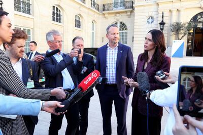 New Zealand Prime Minister Jacinda Ardern gives a press conference at the OECD headquarters, ahead of the social media summit in Paris on Tuesday. AP Photo.