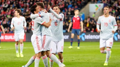 Soccer Football - Euro 2020 Qualifier - Group F - Norway v Spain - Ullevaal Stadium, Oslo, Norway. Spanish players celebrate after scoring a goal by Saul Niguez. REUTERS