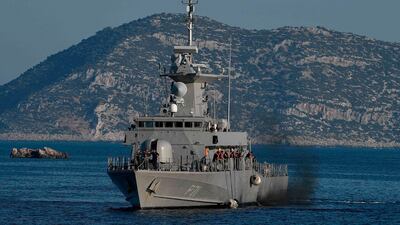 A Hellenic Navy vessel patrols the waters around the tiny Greek island of Kastellorizo, two kilometers from the Turkish mainland on August 28. AFP
