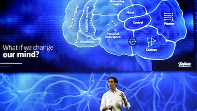 Jose Maria Alvarez-Pallete, the president of Telefonica, presents ‘Aura’, a new platform based in cognitive intelligenc. Tony Albir / EPA