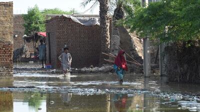 Flood waters at Panjal Shaikh village on the outskirts of Sukkur in Sindh province, Pakistan. AFP