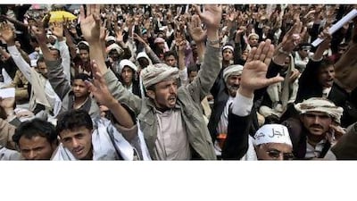 Anti-government protesters agitate for the resignation of President Ali Abdullah Saleh in Sana'a yesterday. Muhammed Muheisen / AP Photo