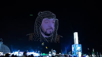 A drone display shows President Sheikh Khalifa at Sheikh Zayed Heritage Festival in Al Wathba, Abu Dhabi. Victor Besa / The National