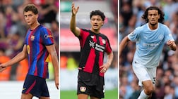 Barcelona's Hamza Abdelkarim, left, Ibrahim Maza of Bayer Leverkusen and Ayyoub Bouaddi, right, of Manchester City. Getty Images