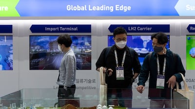 Models of Kogas LNG tanks at the World Gas Conference in South Korea, on Tuesday. Bloomberg