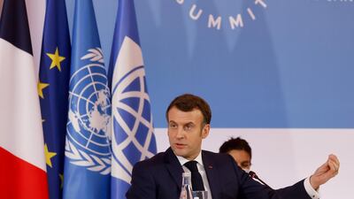 French President Emmanuel Macron delivers a speech at the end of One Earth Summit, EPA