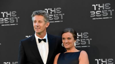 Former Dutch international Edwin van der Sar and Annemarie van Kesteren arrive for the Best FIFA Football Awards 2018 in London. EPA