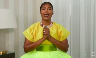 Simone Ledward Boseman, wife of the late Chadwick Boseman, accepts the award for Outstanding Performance by a Male Actor in a Leading Role for 'Ma Rainey's Black Bottom' on his behalf. AP