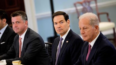 Secretary of State Marco Rubio, centre, accompanied by State Department Counsellor Michael Needham, left, and US ambassador to Lebanon Michel Issa at last week's talks. Getty Images
